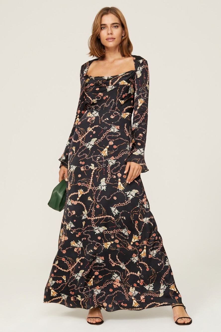 FAME & PARTNERS Black Gold Tassels Chains Print Bell Sleeved Ceramic Gown US 12